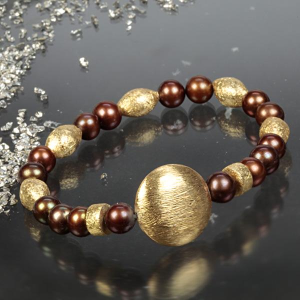 Gorgeous Brown Pearls with Silver Gold Plated Elements Bracelet